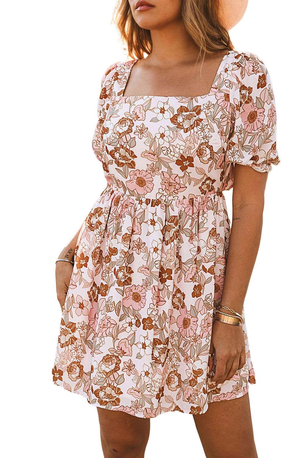 White Floral Print Square Neck Knot Backless Short Dress 