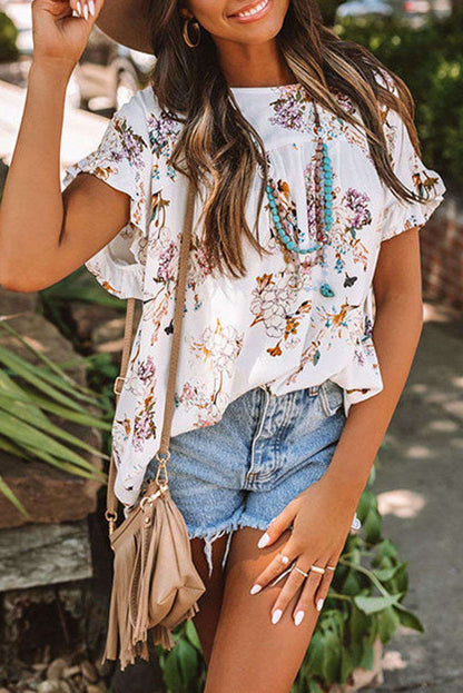 White Floral Ruffled Knot Short Sleeve Blouse 