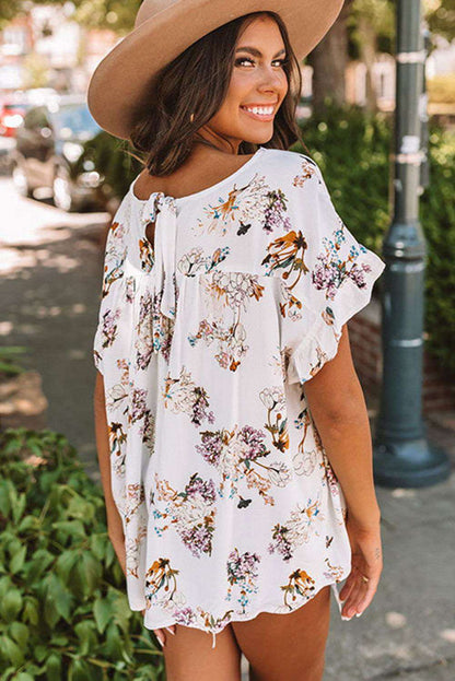 White Floral Ruffled Knot Short Sleeve Blouse 