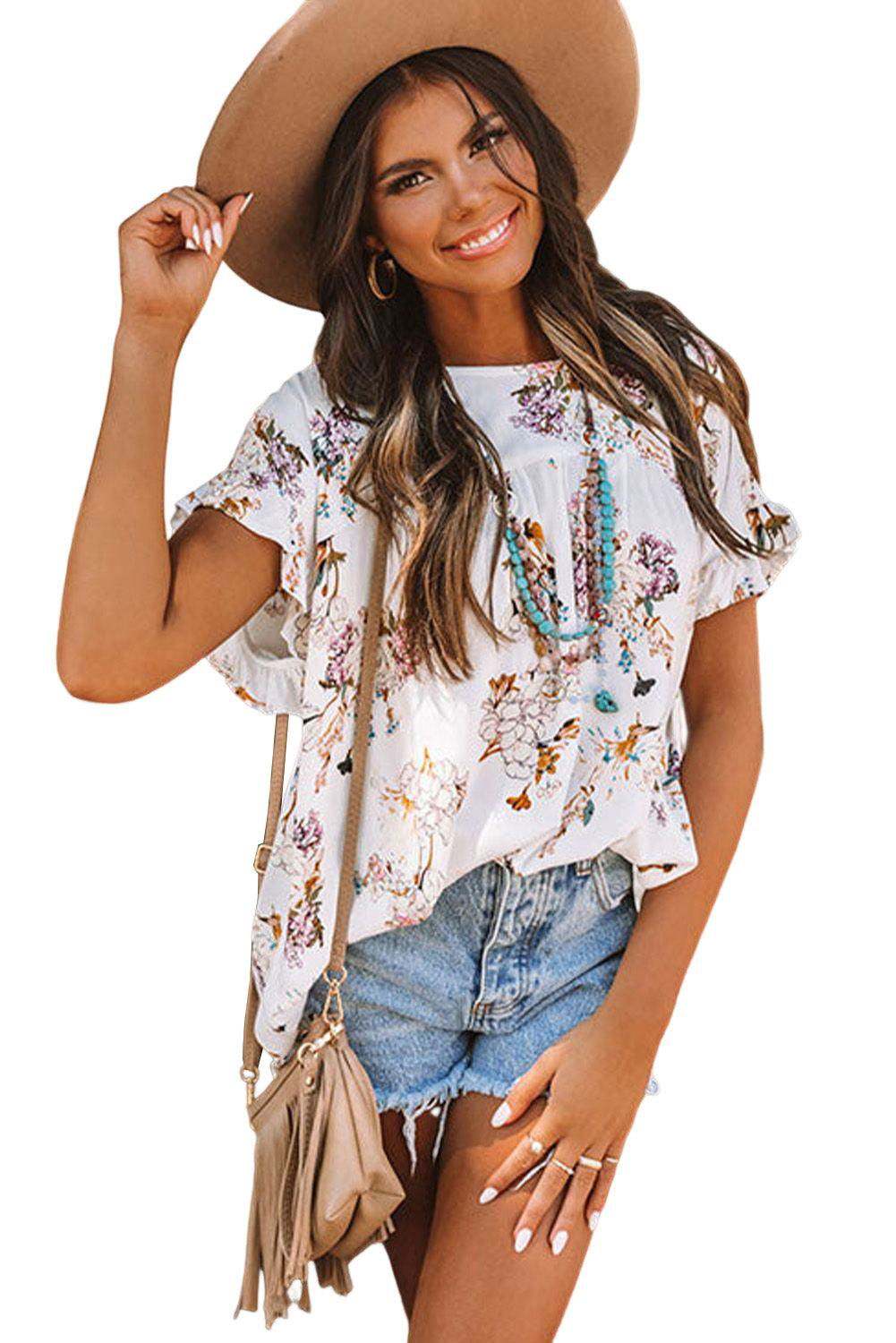 White Floral Ruffled Knot Short Sleeve Blouse 