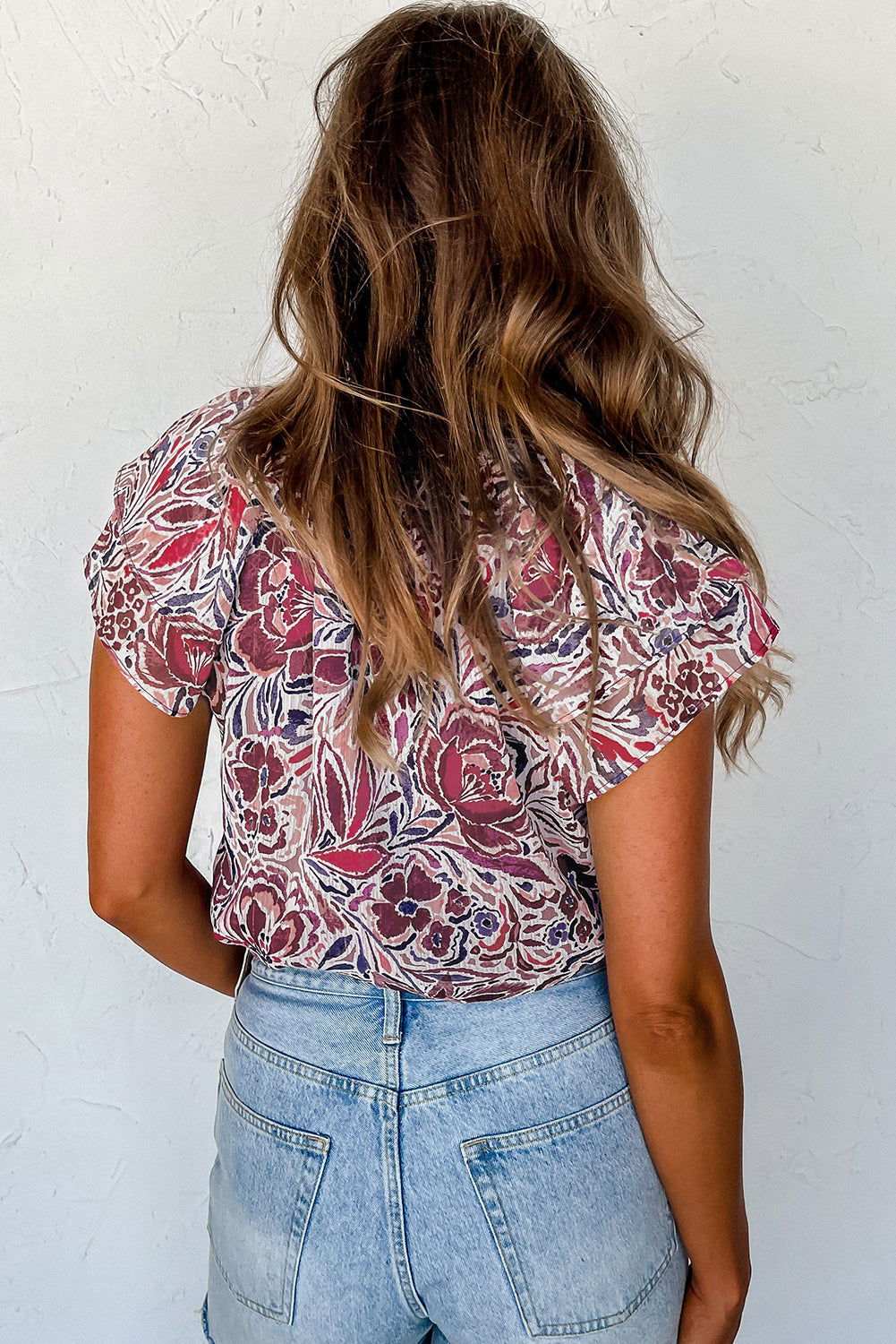 White Floral Ruffled Short Sleeve V Neck Blouse 