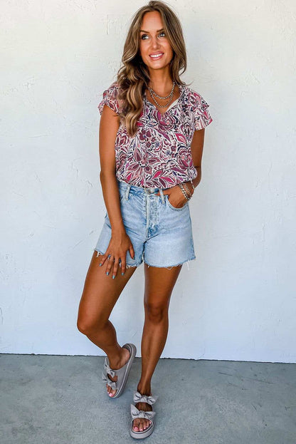 White Floral Ruffled Short Sleeve V Neck Blouse 