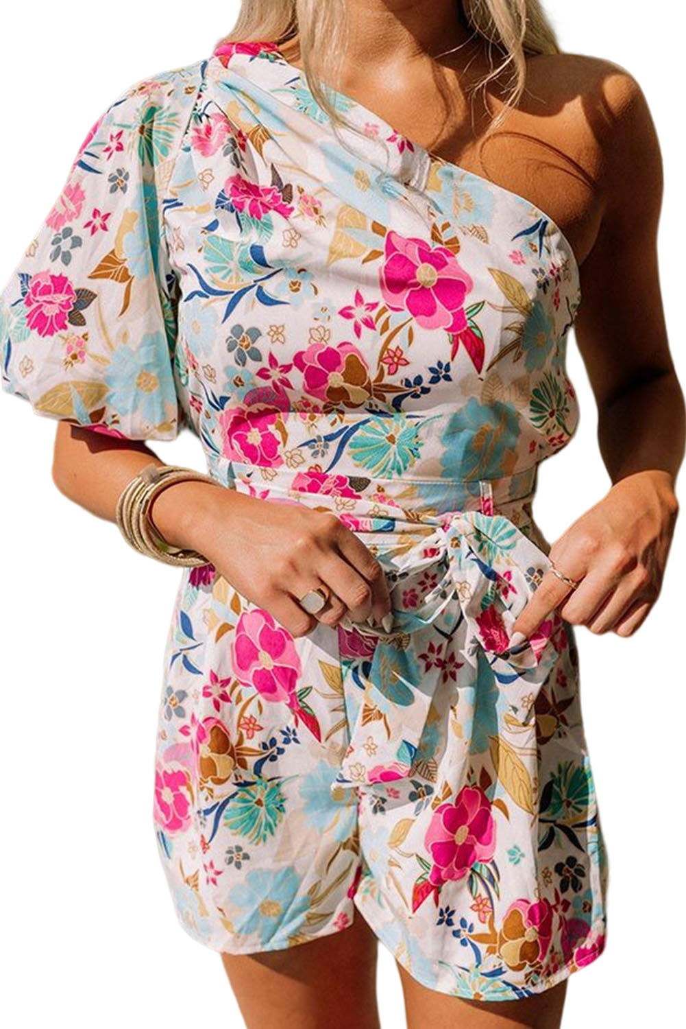 White Floral Single Bubble Sleeve Slant Shoulder Belted Romper 