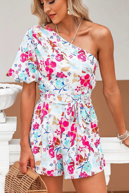 White Floral Single Bubble Sleeve Slant Shoulder Belted Romper 