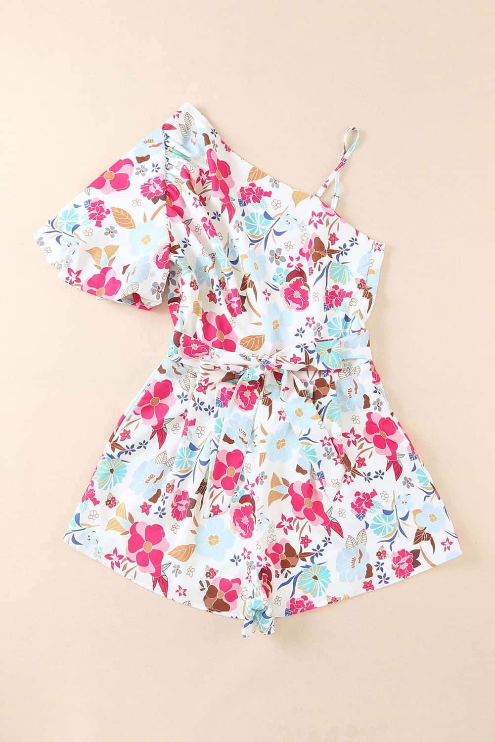 White Floral Single Bubble Sleeve Slant Shoulder Belted Romper 