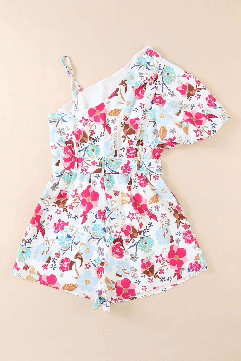 White Floral Single Bubble Sleeve Slant Shoulder Belted Romper 