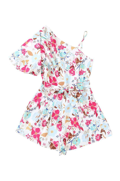 White Floral Single Bubble Sleeve Slant Shoulder Belted Romper 