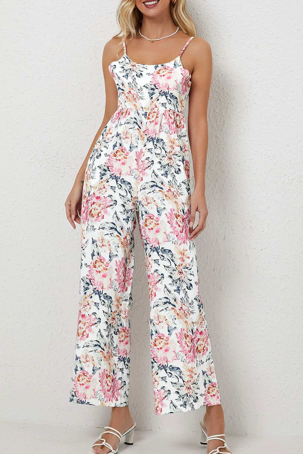 White Floral Spaghetti Straps Wide Leg Jumpsuit 