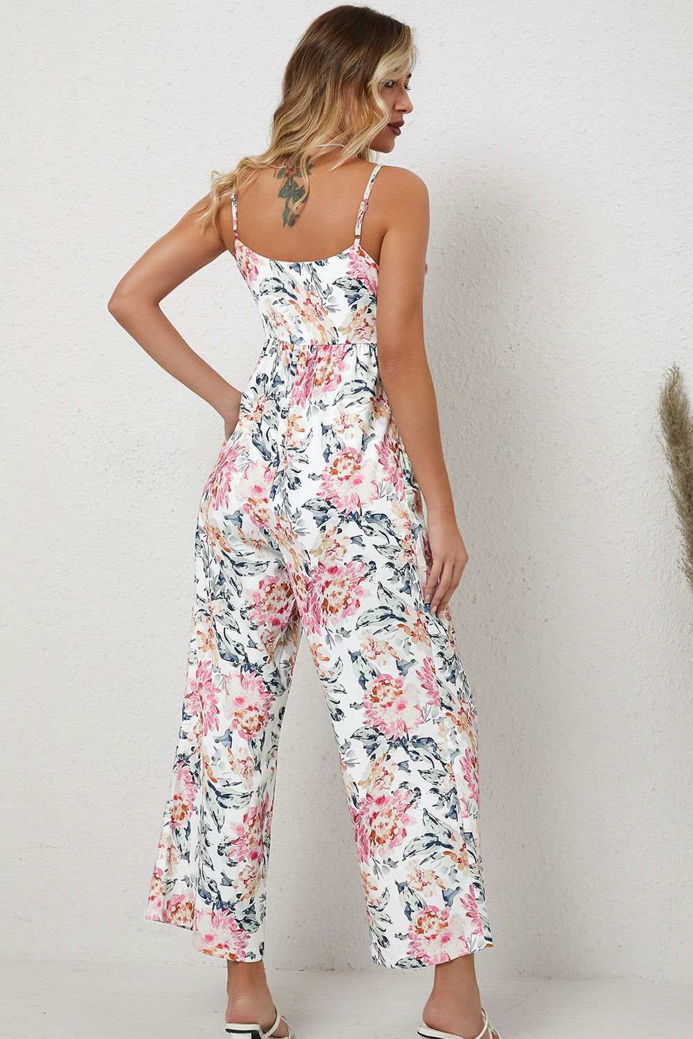 White Floral Spaghetti Straps Wide Leg Jumpsuit 