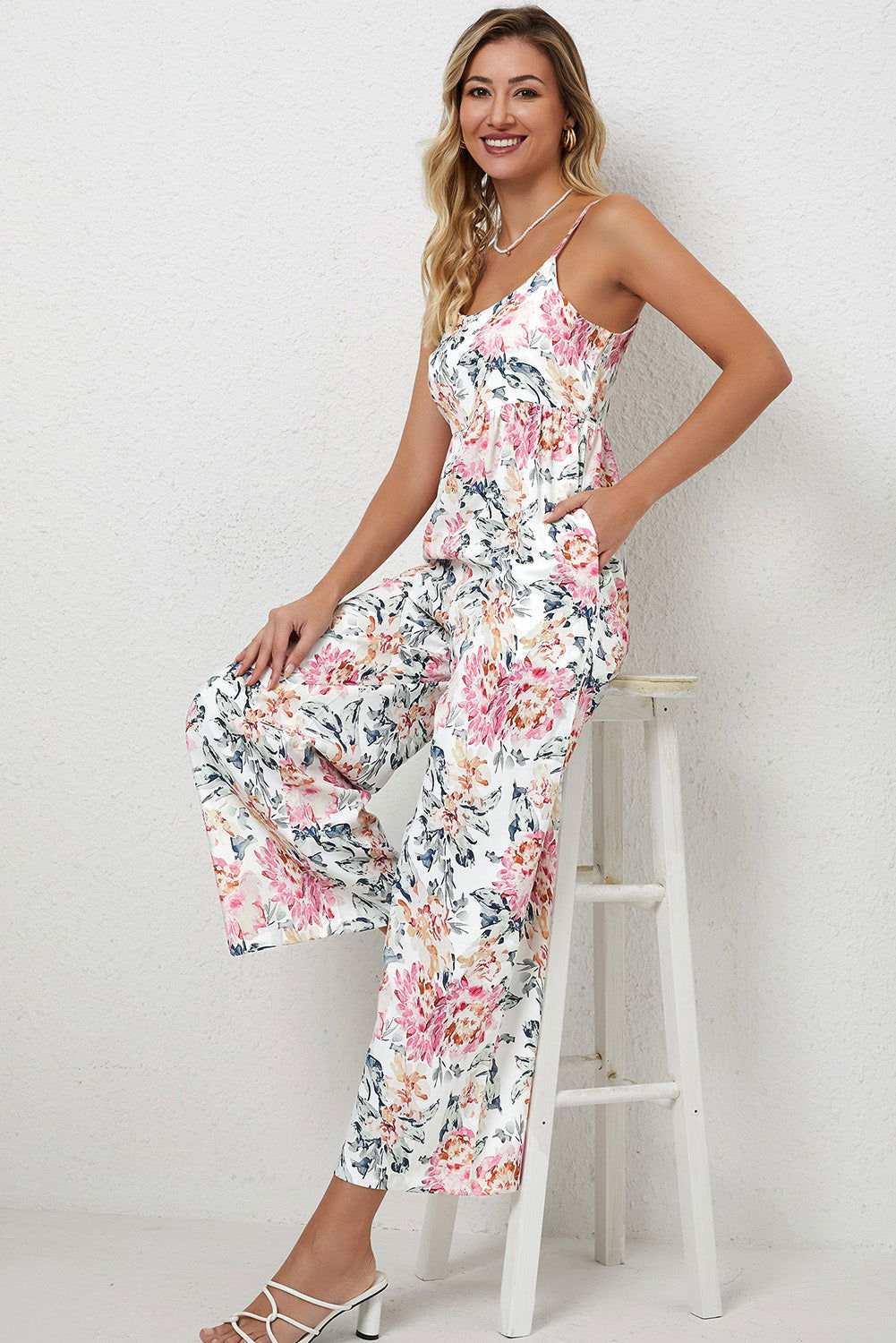 White Floral Spaghetti Straps Wide Leg Jumpsuit 