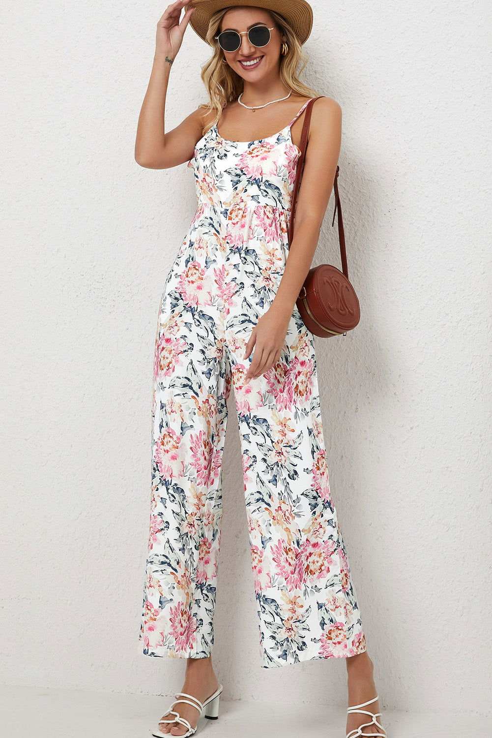 White Floral Spaghetti Straps Wide Leg Jumpsuit 