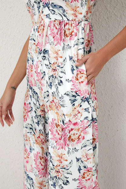 White Floral Spaghetti Straps Wide Leg Jumpsuit 