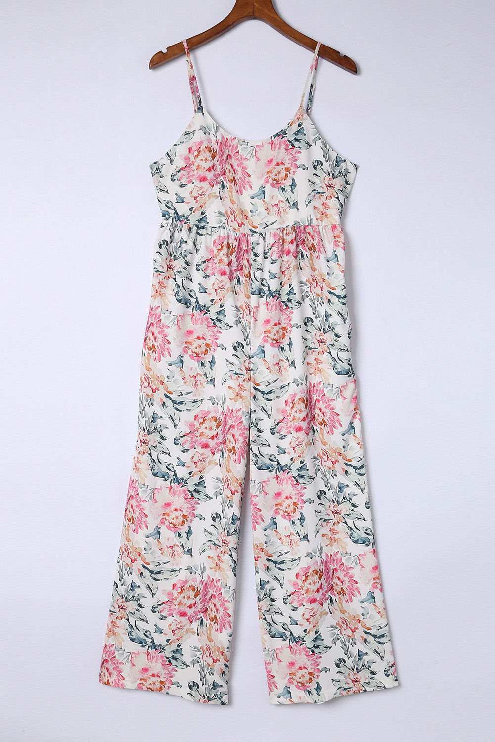 White Floral Spaghetti Straps Wide Leg Jumpsuit 