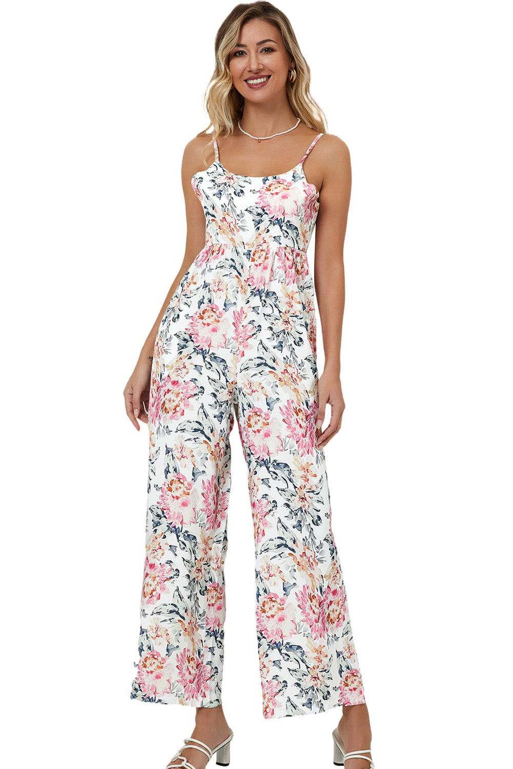 White Floral Spaghetti Straps Wide Leg Jumpsuit 