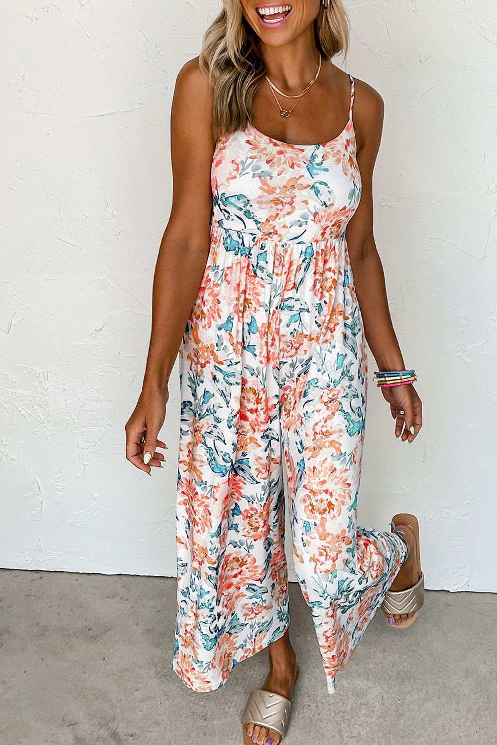 White Floral Spaghetti Straps Wide Leg Jumpsuit 