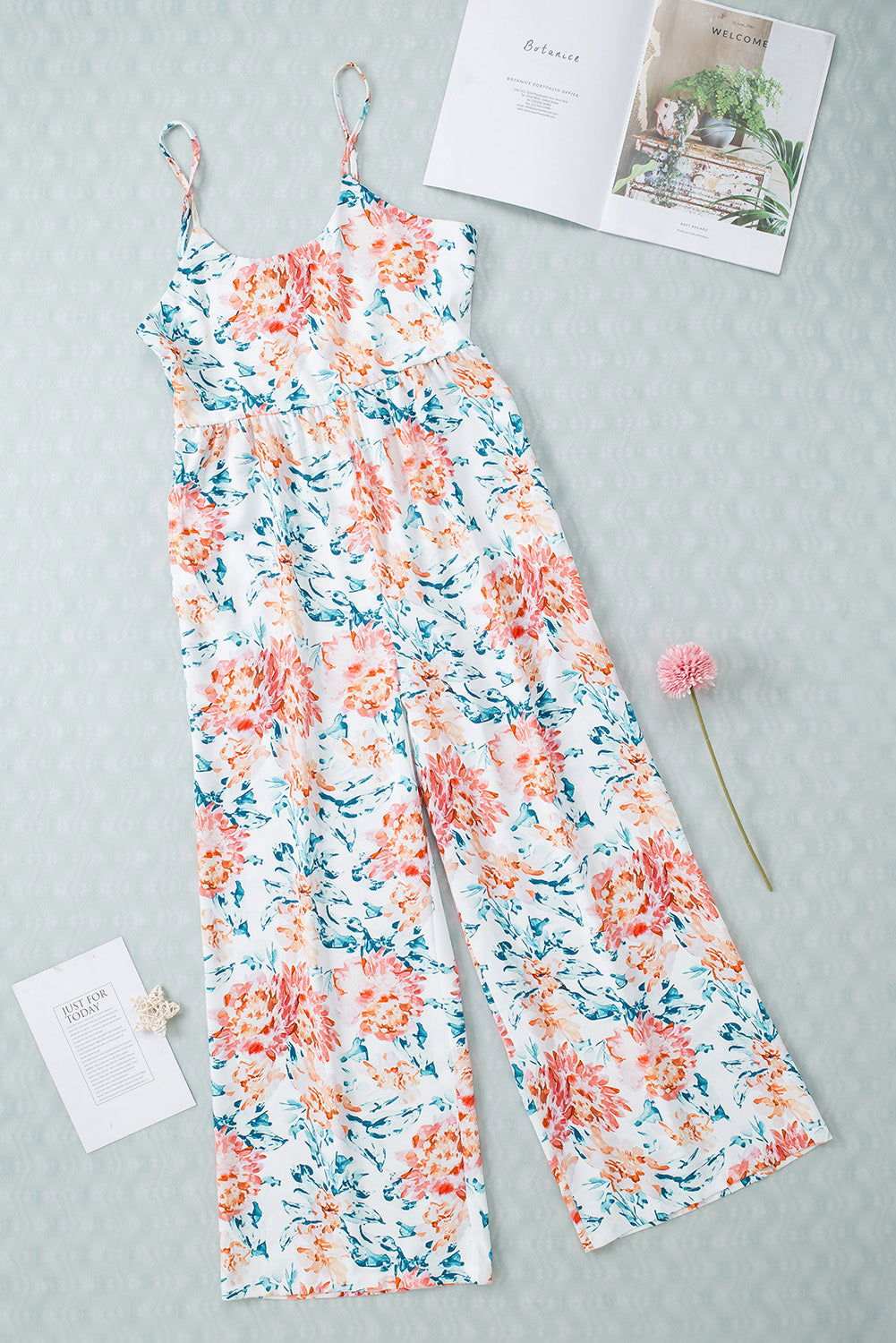 White Floral Spaghetti Straps Wide Leg Jumpsuit 