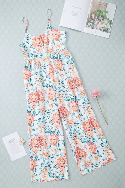 White Floral Spaghetti Straps Wide Leg Jumpsuit 