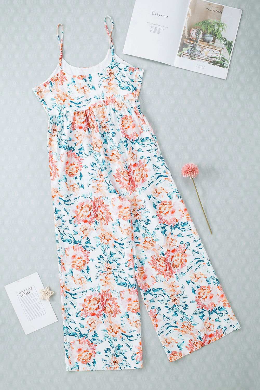 White Floral Spaghetti Straps Wide Leg Jumpsuit 