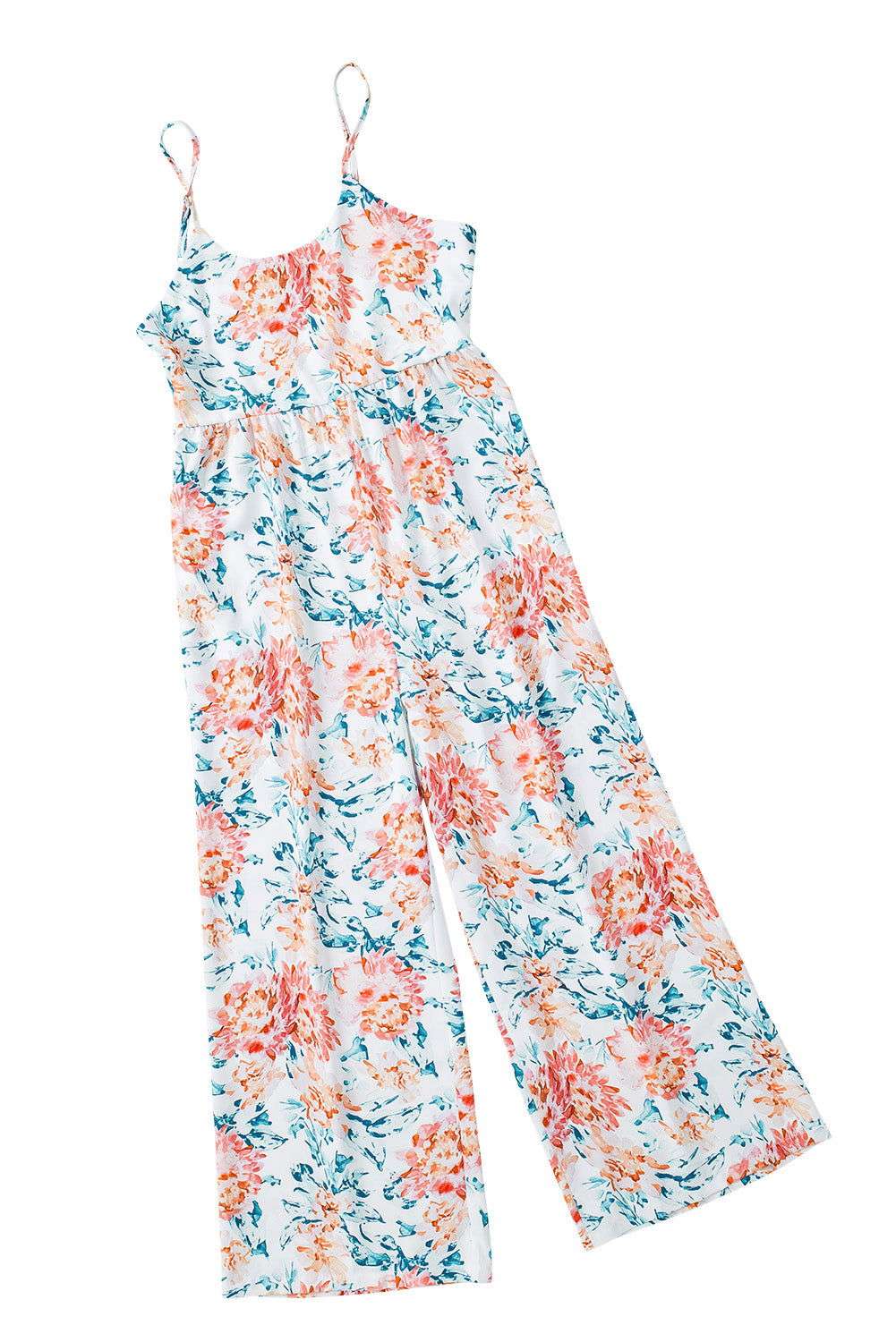 White Floral Spaghetti Straps Wide Leg Jumpsuit 