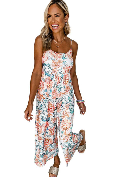 White Floral Spaghetti Straps Wide Leg Jumpsuit 