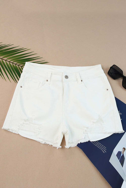 White Frayed Distressed Denim Shorts 