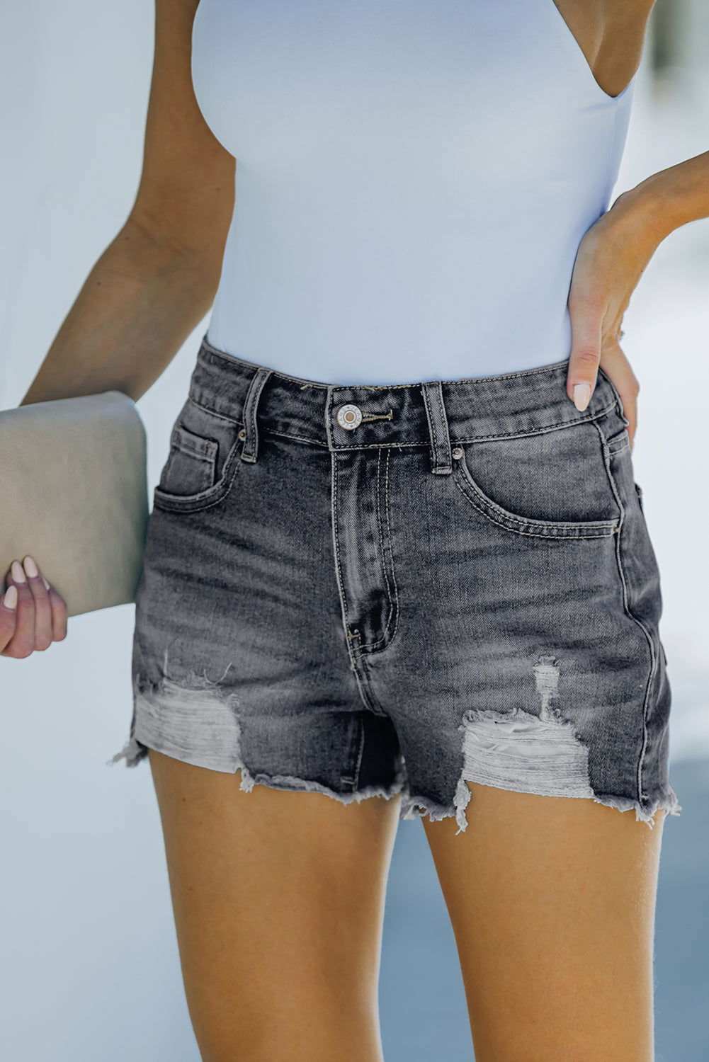 White Frayed Distressed Denim Shorts 