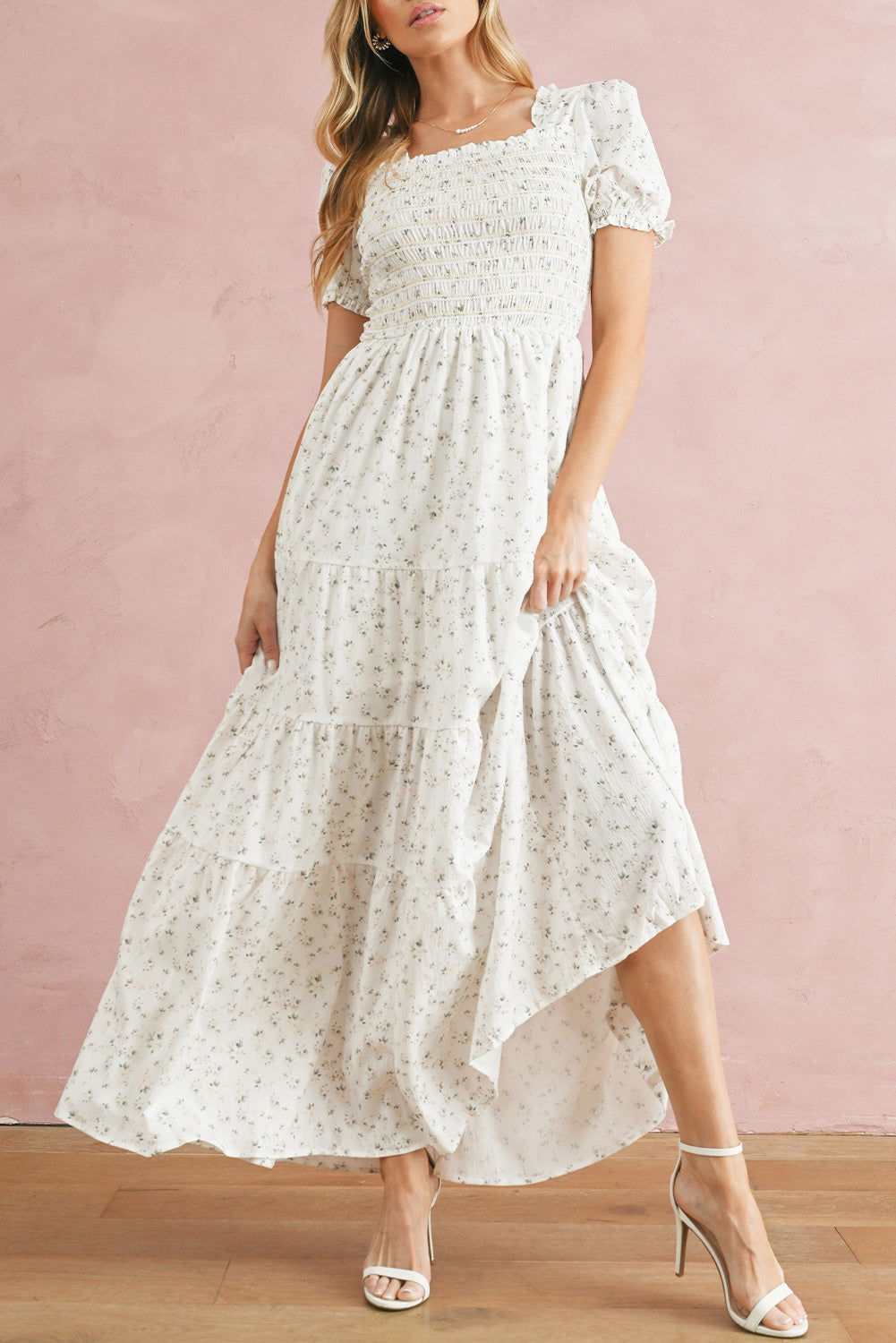 White Frill Neckline Shirred Bodice Floral Maxi Dress 