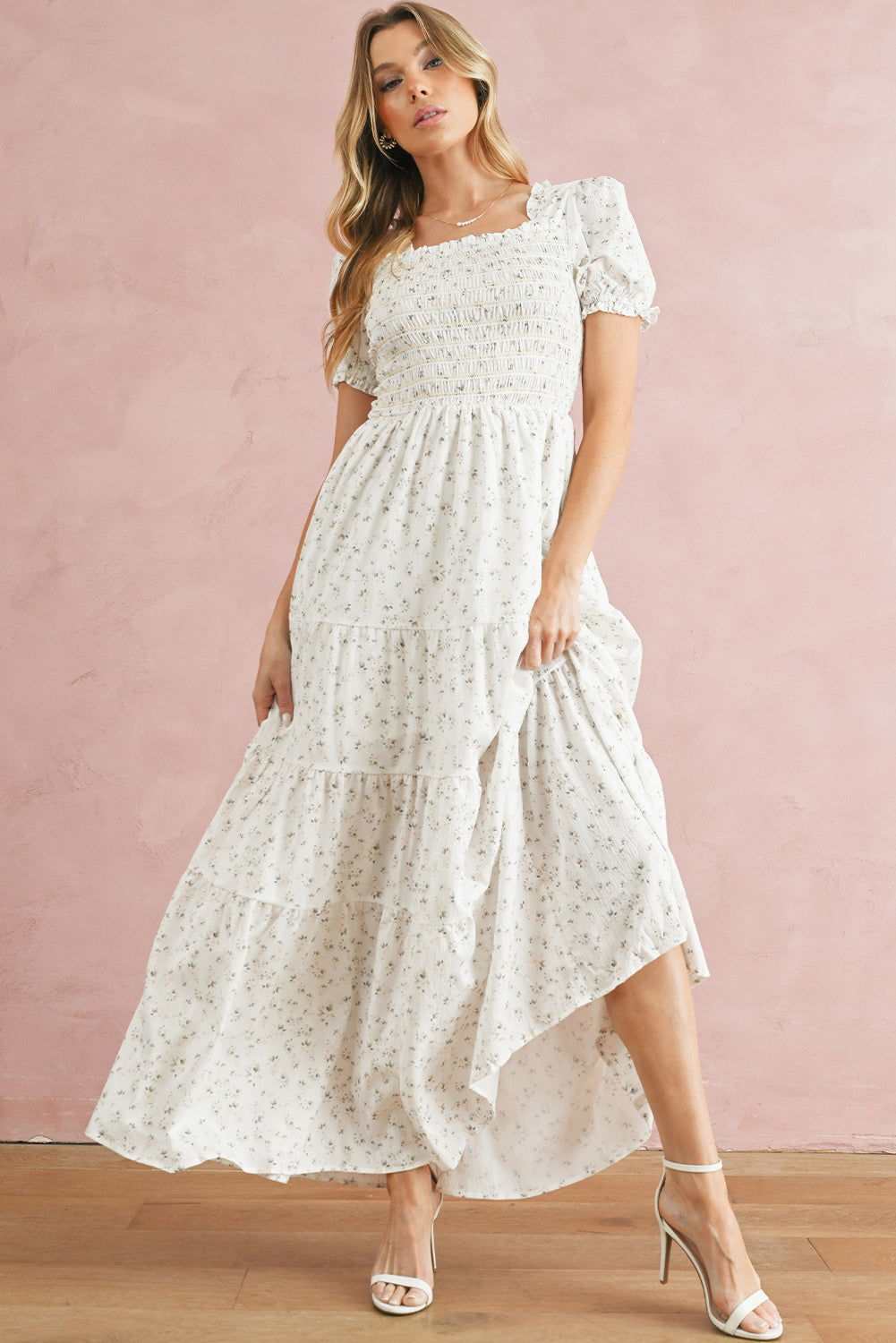 White Frill Neckline Shirred Bodice Floral Maxi Dress 