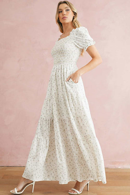 White Frill Neckline Shirred Bodice Floral Maxi Dress 