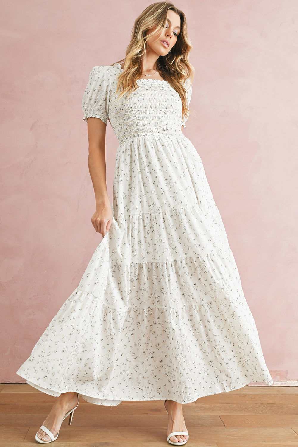 White Frill Neckline Shirred Bodice Floral Maxi Dress 