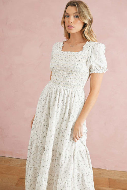 White Frill Neckline Shirred Bodice Floral Maxi Dress 