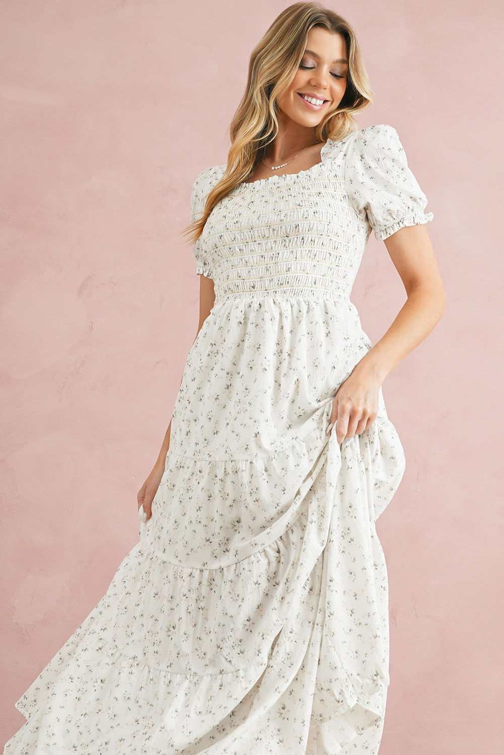 White Frill Neckline Shirred Bodice Floral Maxi Dress 