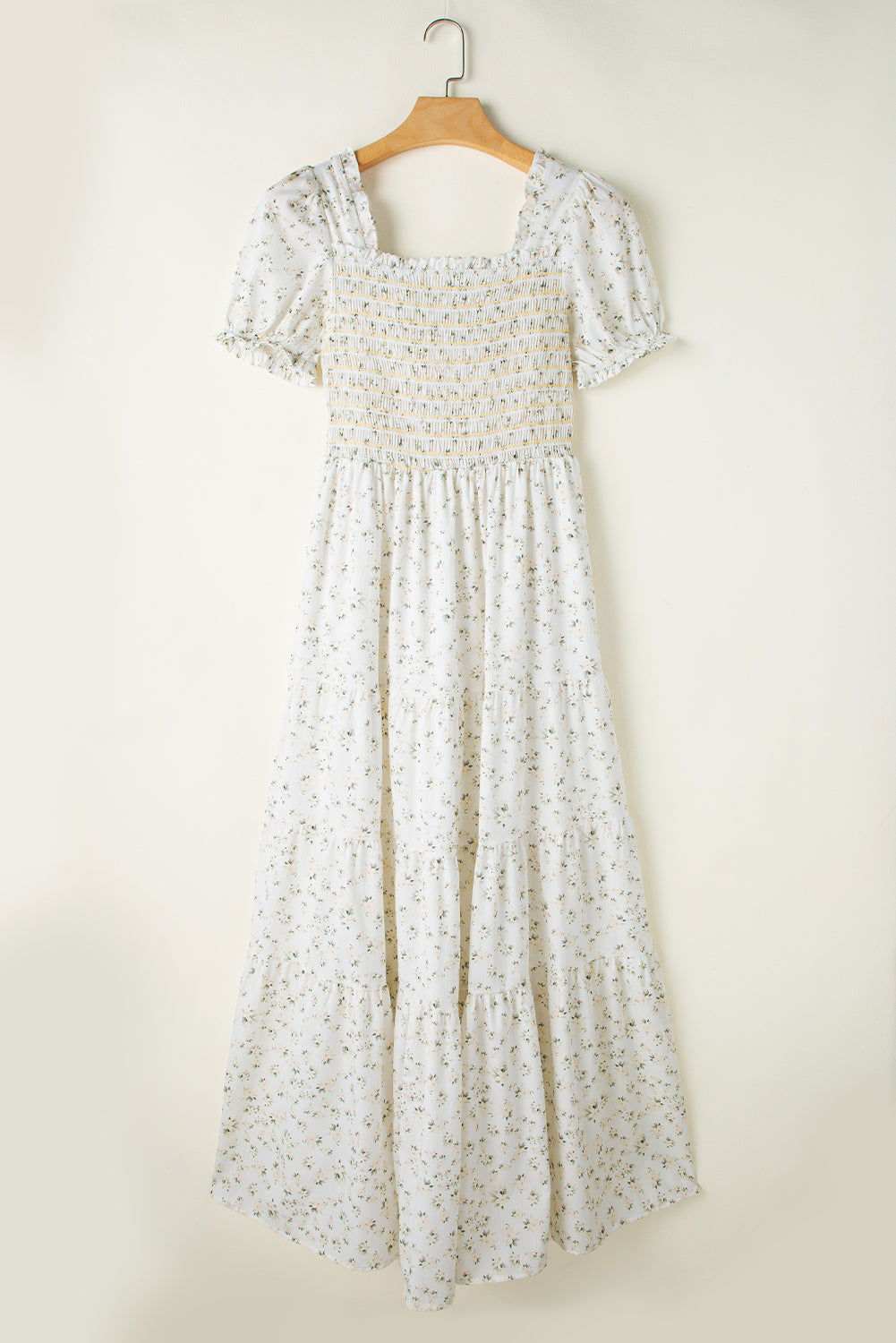 White Frill Neckline Shirred Bodice Floral Maxi Dress 