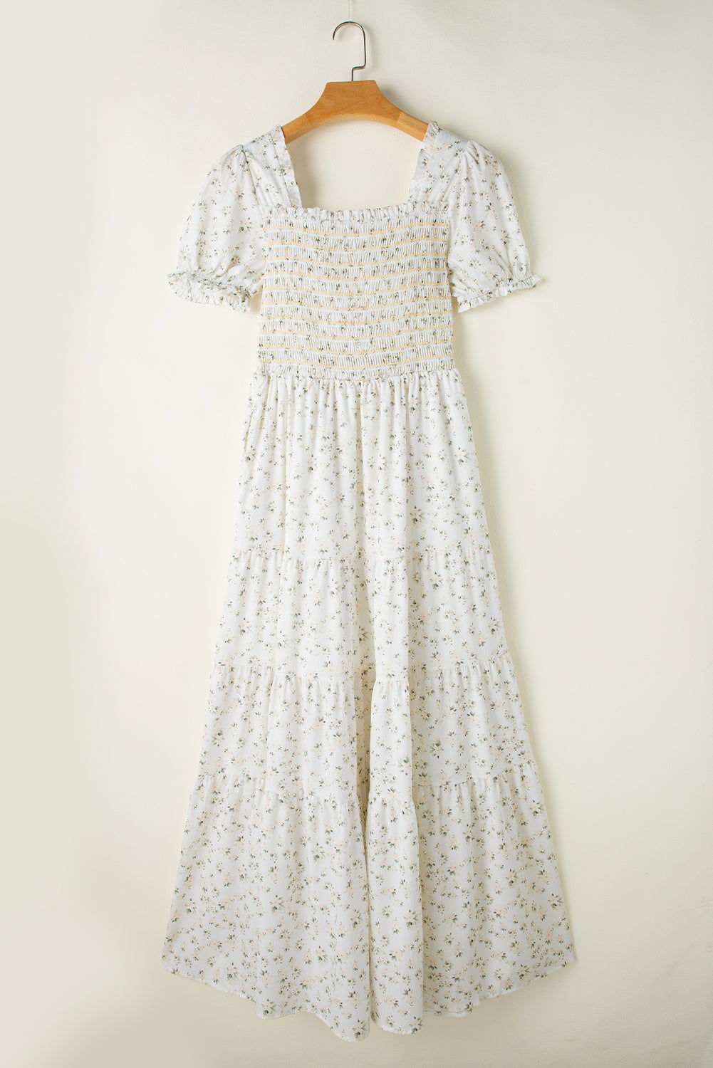 White Frill Neckline Shirred Bodice Floral Maxi Dress 