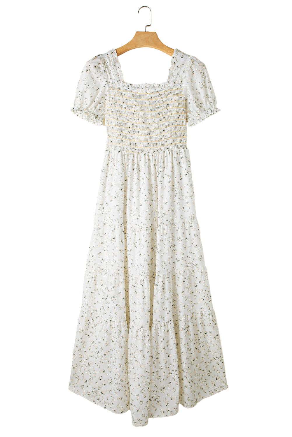 White Frill Neckline Shirred Bodice Floral Maxi Dress 