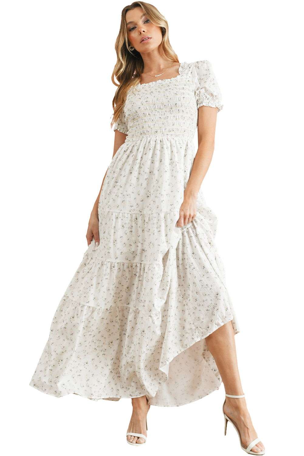 White Frill Neckline Shirred Bodice Floral Maxi Dress 