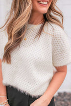 White Fuzzy Eyelet Plain Knitted T-shirt 