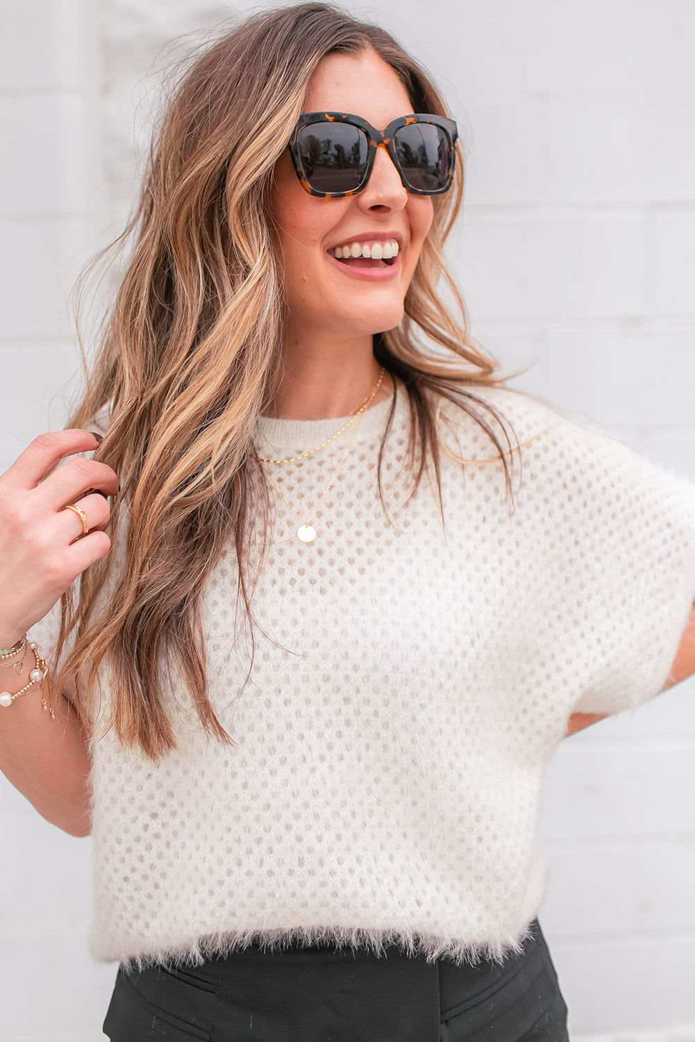 White Fuzzy Eyelet Plain Knitted T-shirt 