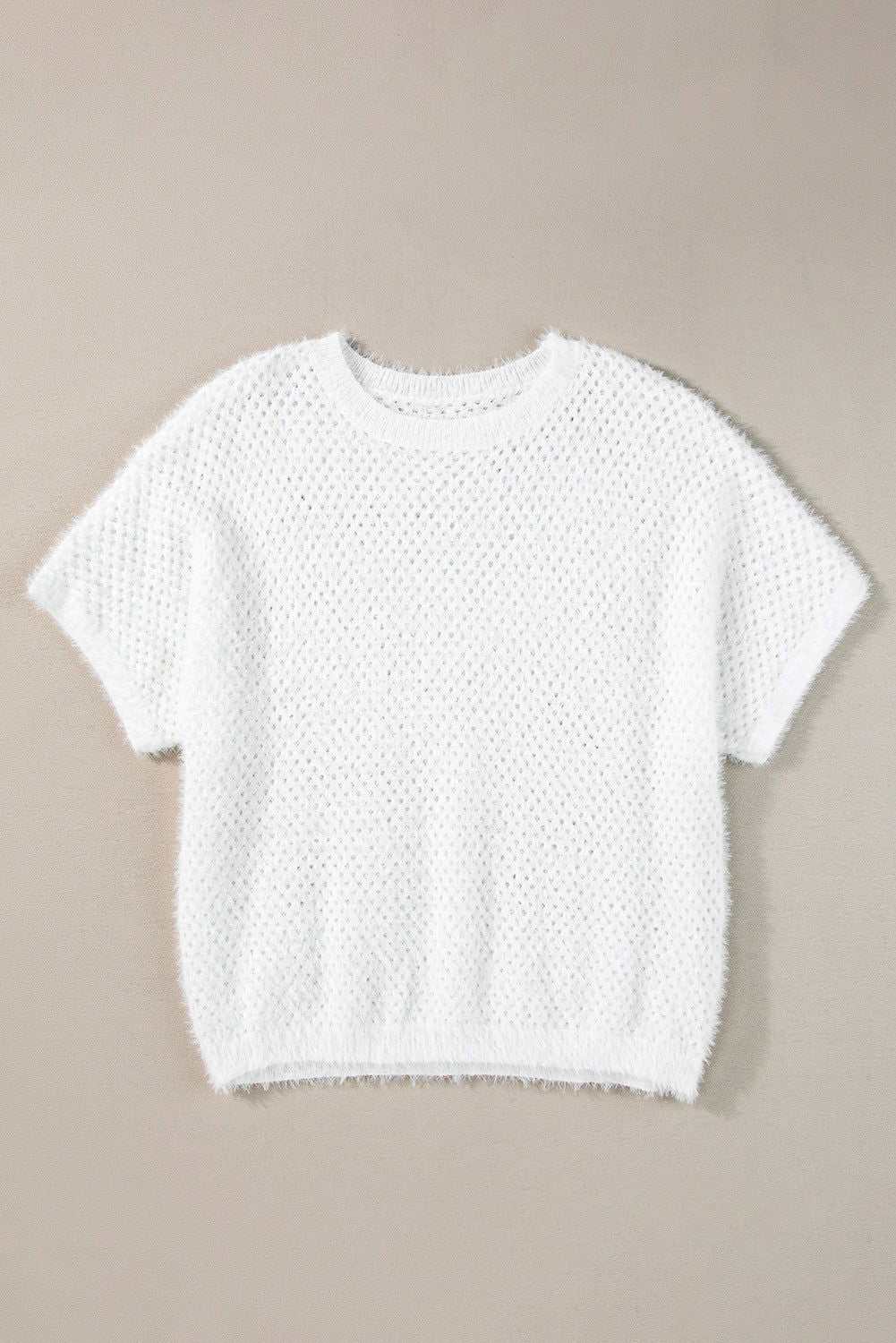 White Fuzzy Eyelet Plain Knitted T-shirt 