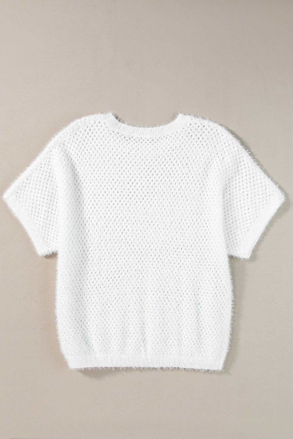 White Fuzzy Eyelet Plain Knitted T-shirt 