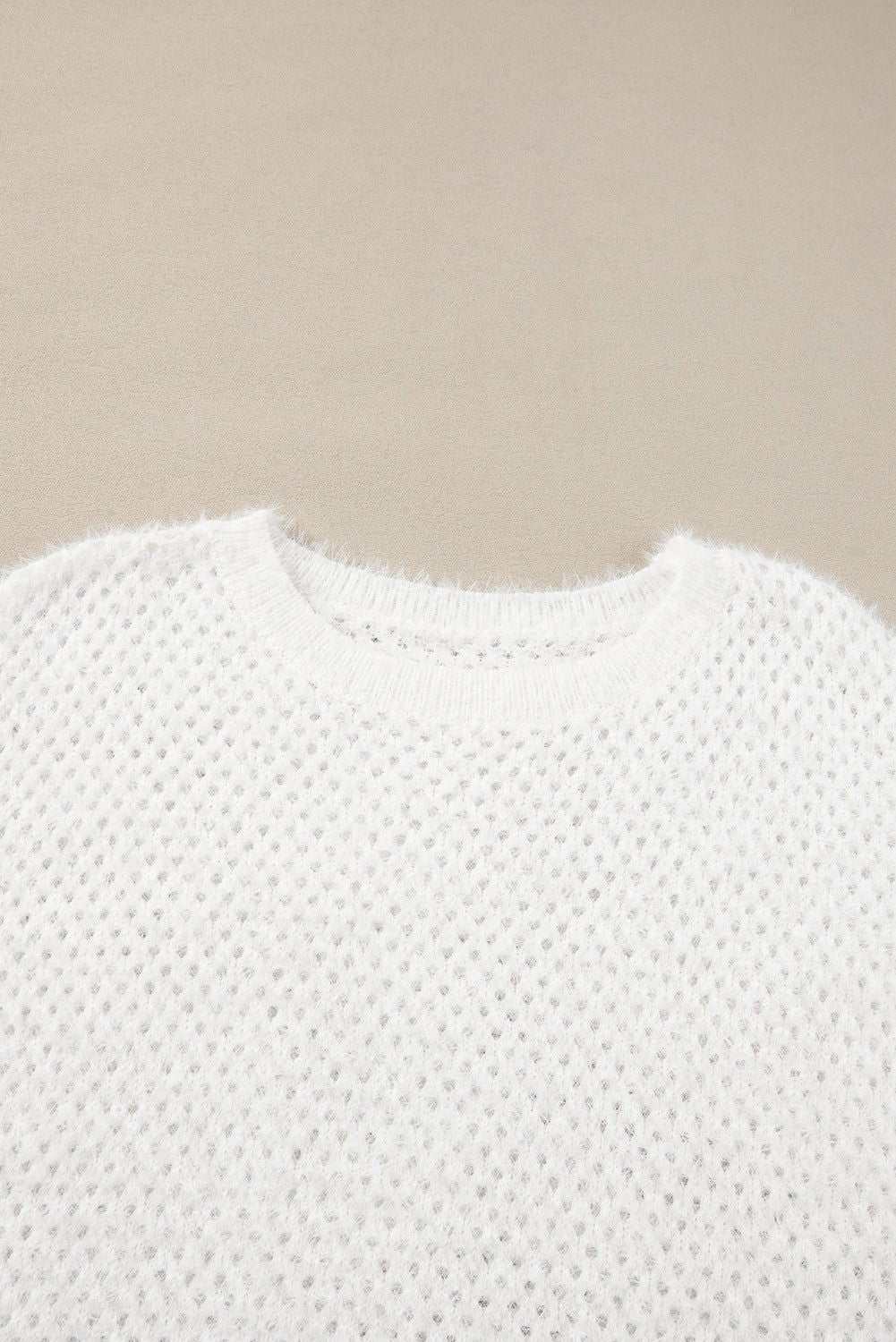 White Fuzzy Eyelet Plain Knitted T-shirt 