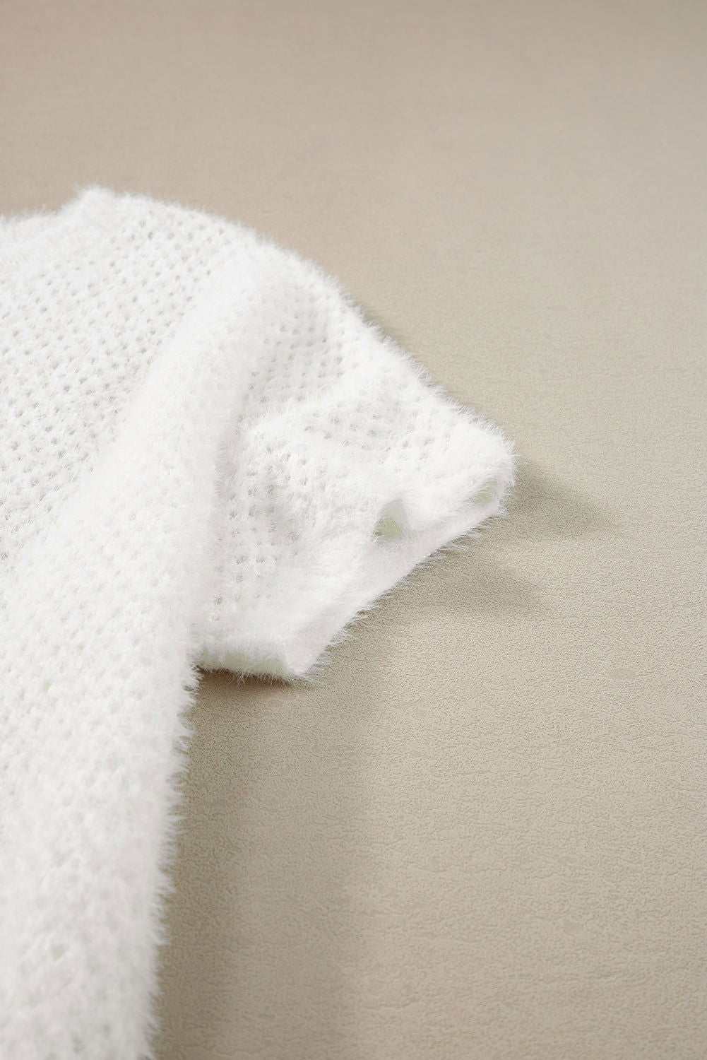 White Fuzzy Eyelet Plain Knitted T-shirt 