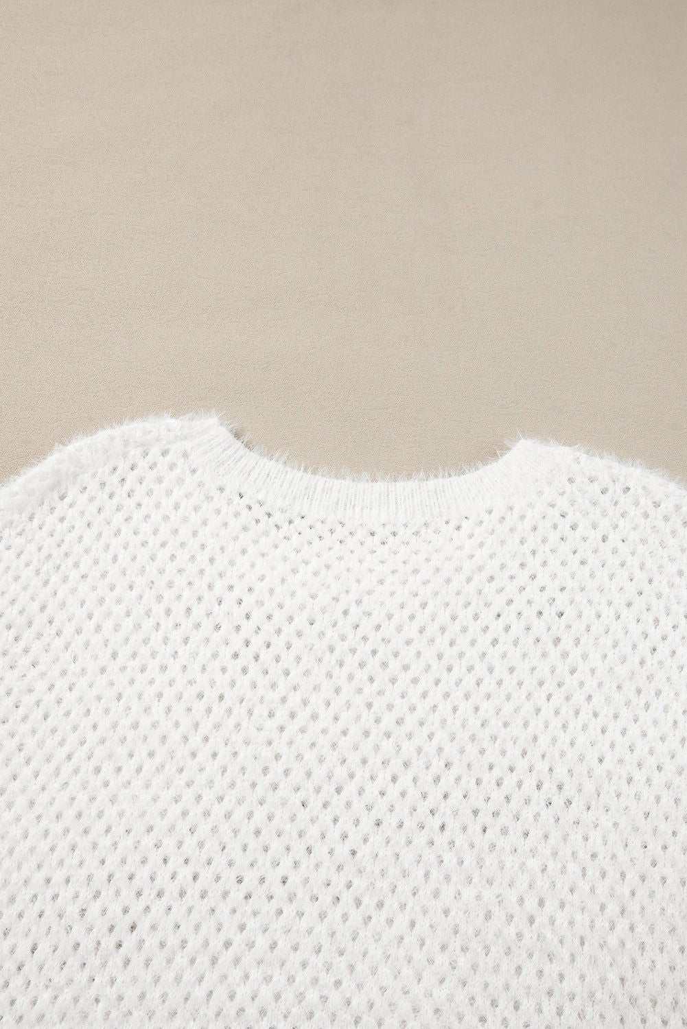 White Fuzzy Eyelet Plain Knitted T-shirt 