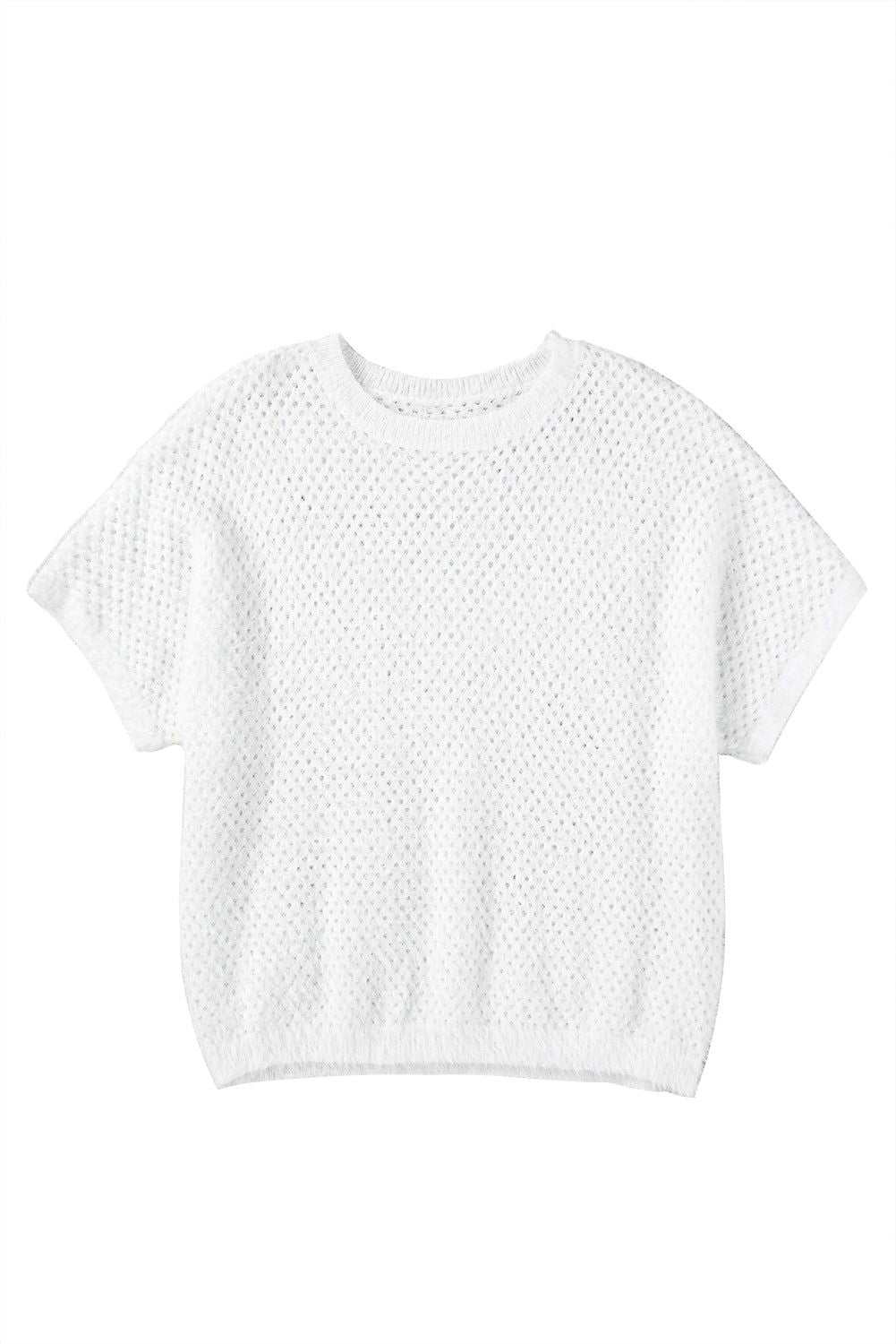 White Fuzzy Eyelet Plain Knitted T-shirt 