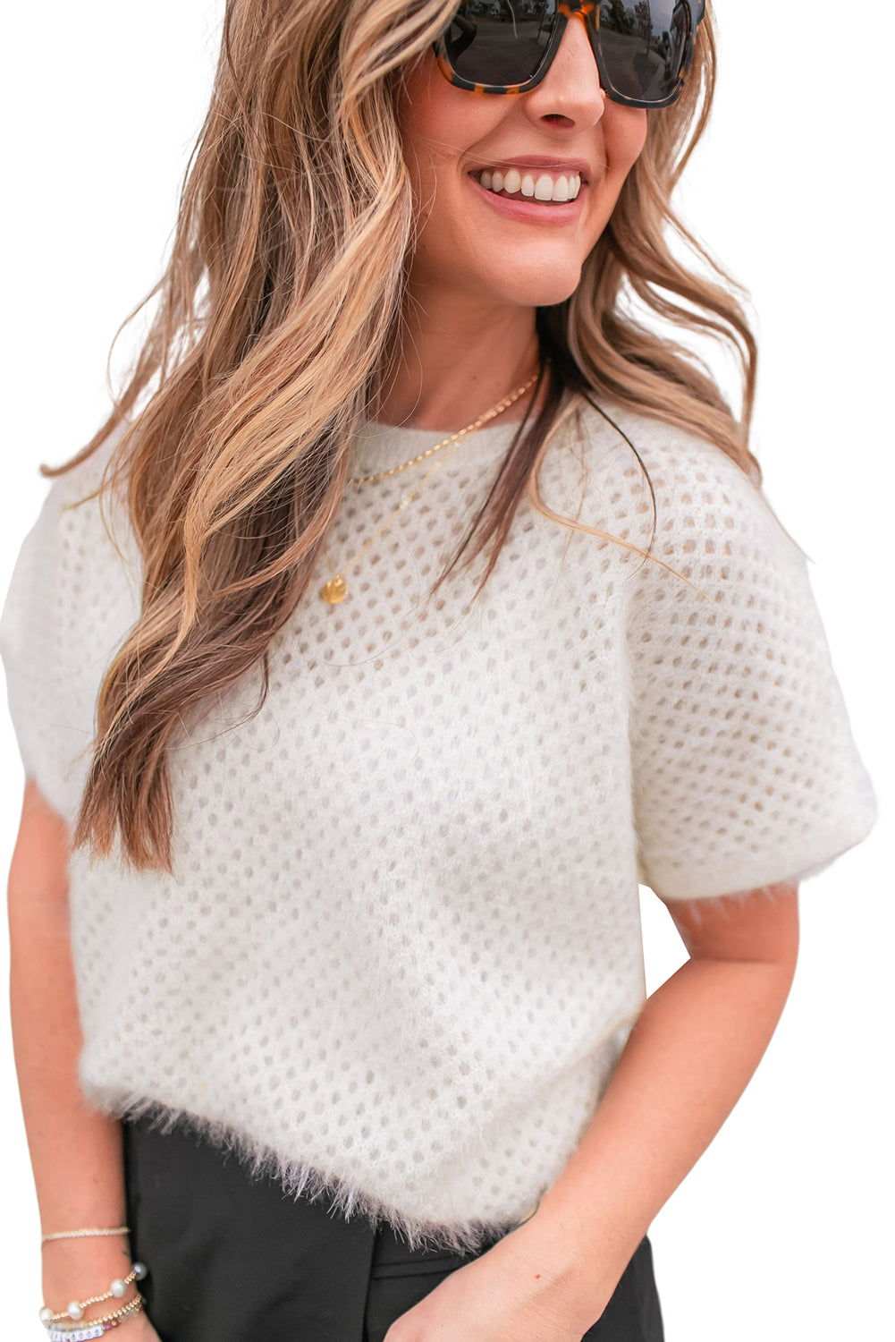 White Fuzzy Eyelet Plain Knitted T-shirt 