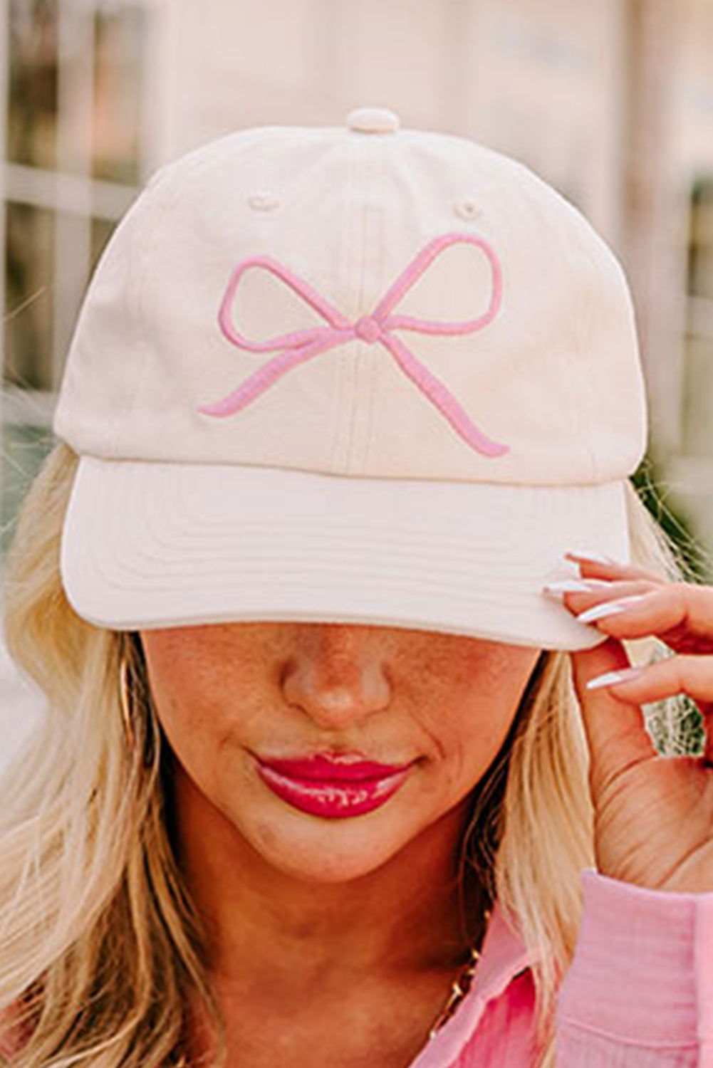 White Girlish Bow Embroidered Baseball Cap 