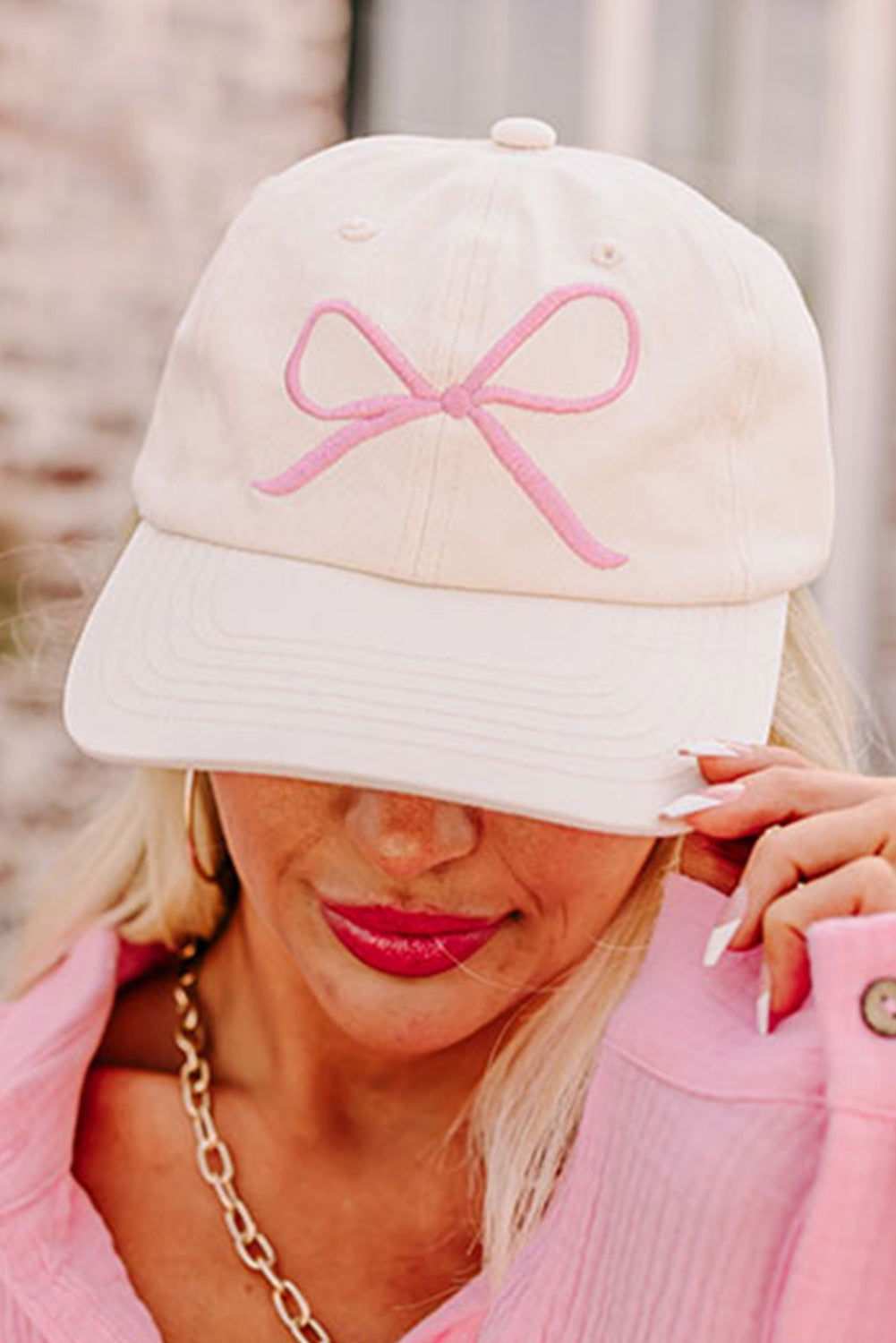 White Girlish Bow Embroidered Baseball Cap 