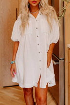 White Half Puff Sleeve Buttoned Shirt Mini Dress 