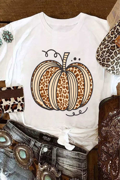 White Halloween Leopard Pumpkin Graphic Crewneck T Shirt 