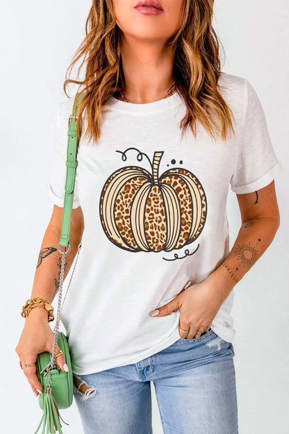 White Halloween Leopard Pumpkin Graphic Crewneck T Shirt 